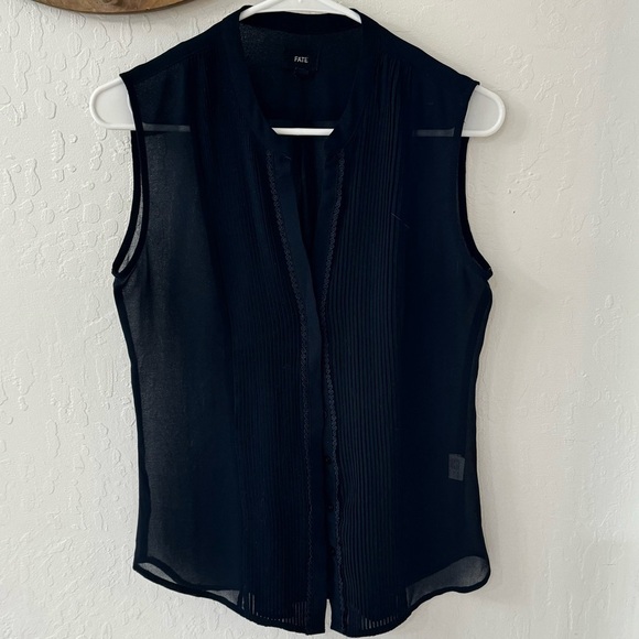 Fate Tops - Fate Navy Blue Pleated Button Down Sleeveless Sheer Blouse M